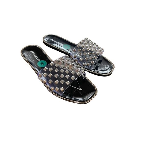 Steve Madden Womens Clear Black Jynn Studded Rhinestone Slide Sandals Size 8 - Picture 1 of 6